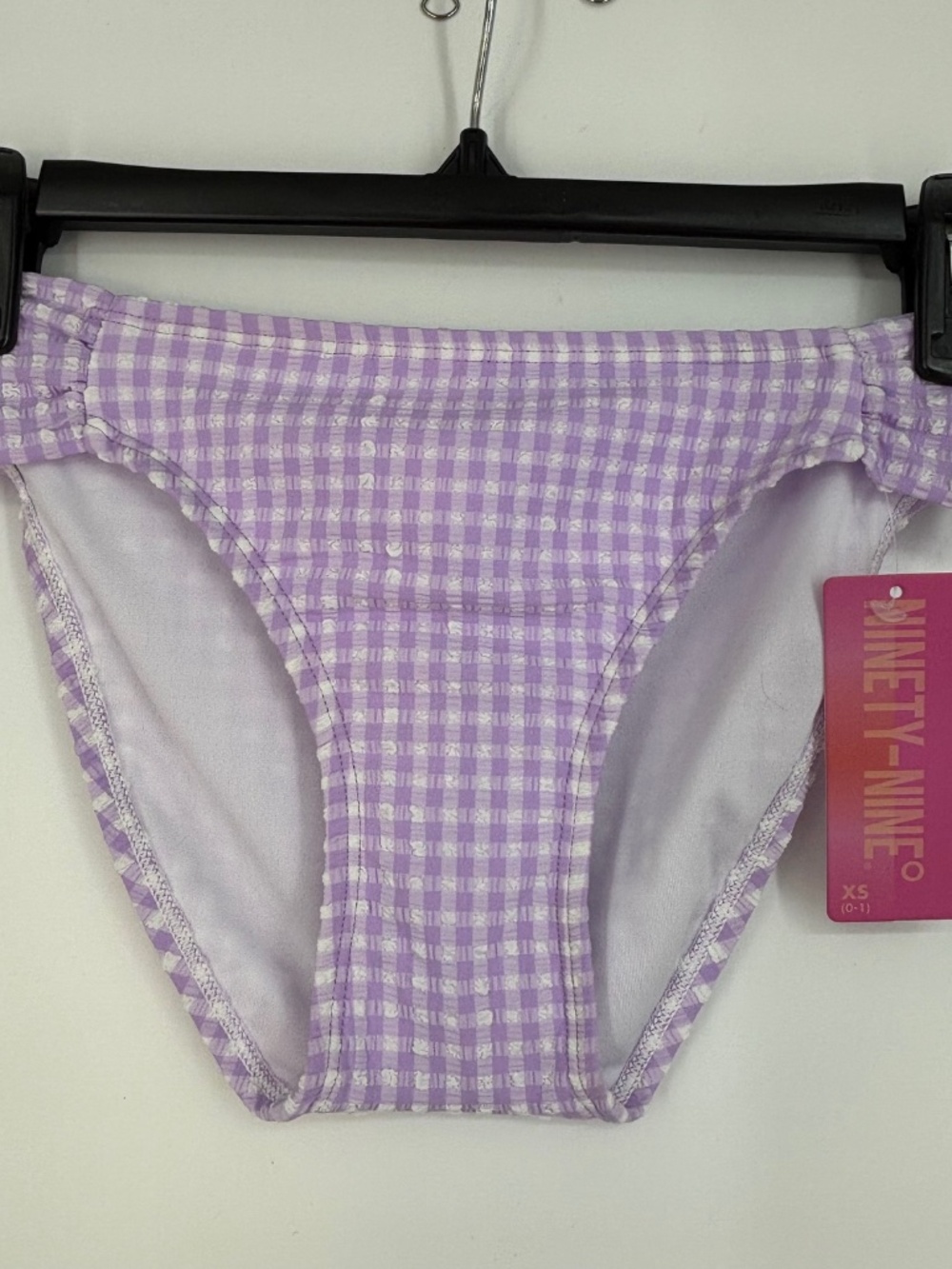 Ninety-Nine Juniors XS Hipster Bikini Swim Bottoms Purple Seersucker Side Tabs